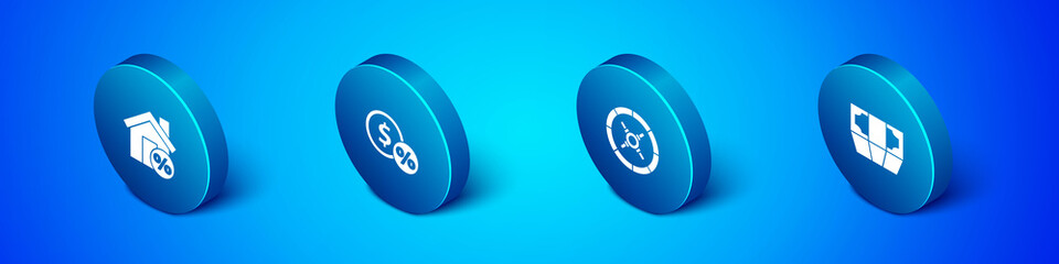 Set Isometric House with percant discount, Safe, Stacks paper money cash and Money coin percent icon. Vector.