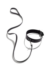 Detail shot of black leather collar with steel studs and buckle. The collar and leash are isolated on the white background.  
