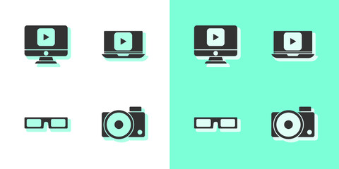 Set Photo camera, Online play video, Cinema glasses and icon. Vector.