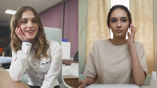 Multi-screen View, Young Womans Talk On Video Call, Split Screen Portraits Of Communicating Office Managers, Remote Work, Office Workers Discuss The Workflow.