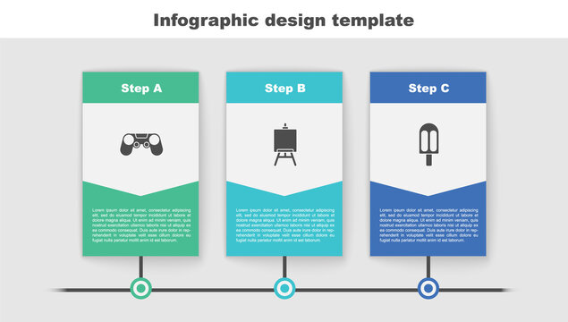 Set Gamepad, Easel or painting art boards and Ice cream. Business infographic template. Vector.