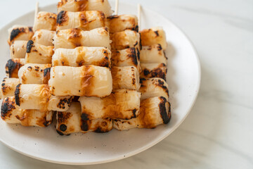 grilled tube shaped fish paste cake skewe or tube squid skewer