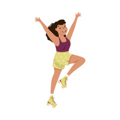 Smiling Woman Dancing on Roller Skates Performing Tricky Movement Vector Illustration