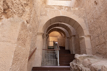 Partially  restored entrance to the ruins of the palace of King Herod - Herodion in the Judean Desert, in Israel