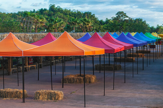 Colorful outdoor canopy tent for event and festival in park