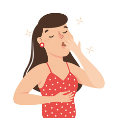 Sleepy Woman Yawning Covering Her Mouth with Her Hand Feeling Need for Sleep Vector Illustration