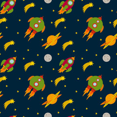 Obraz premium Background of a Planet with Rockets in the solar system. Bright planets in a circle of stars and rockets. Cartoon illustration of Saturn, Mercury. Pattern for children's textiles for sleep
