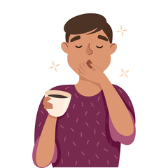 Sleepy Man with Cup of Coffee Yawning Covering His Mouth with His Hand Feeling Need for Sleep Vector Illustration