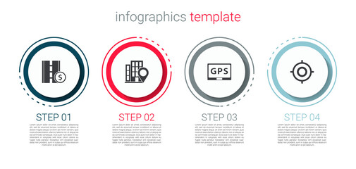 Set Toll road traffic sign, Location with house, Gps device map and Target sport. Business infographic template. Vector.