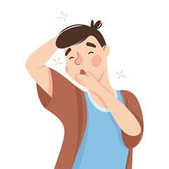 Sleepy Man Yawning Covering His Mouth with His Hand Feeling Need for Sleep Vector Illustration
