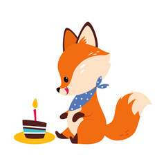 Cute Little Fox Licking Sitting Near Birthday Cake with Candle Vector Illustration