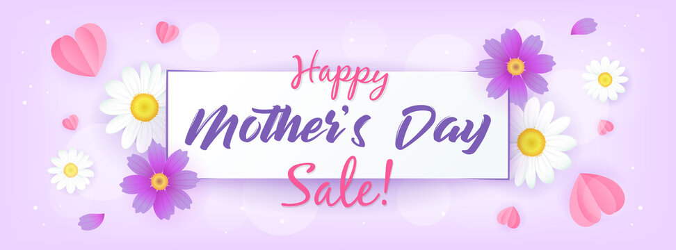 Happy Mother's Day Sale Banner vector illustration.Daisy flowers with paper heart on purple background