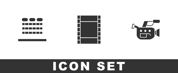 Set Cinema auditorium with seats, Play Video and camera icon. Vector.