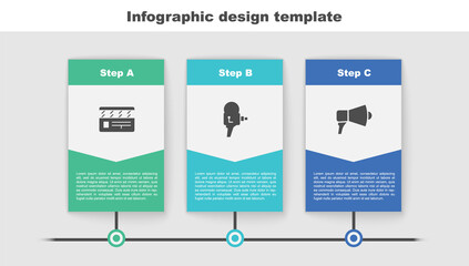 Set Movie clapper, Retro cinema camera and Megaphone. Business infographic template. Vector.
