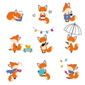 Cute Little Fox Sleeping on Pillow, Walking with Umbrella and Waving Paw Vector Set