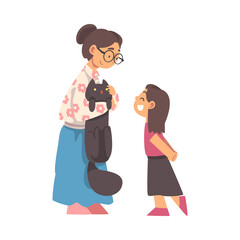Grandma Stroking Cat Talking to Her Granddaughter Vector Illustration