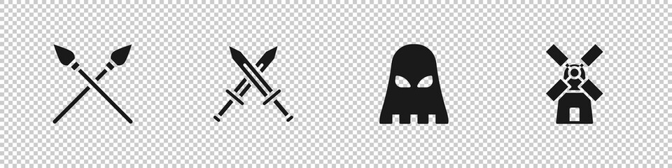Set Crossed medieval spears, sword, Executioner mask and Windmill icon. Vector.