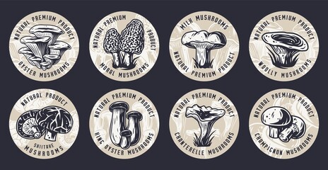 Set of mushrooms for food industry. Mushroom elements for vegetarian packaging label. Fungus collection for gourmet menu design with boletus, truffle and champignons