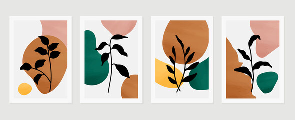 Botanical abstract art backgrounds vector. Summer square banner.  Foliage line art drawing with abstract shape. Works for wall framed prints, social media post, poster, home decor, cover, wallpaper.