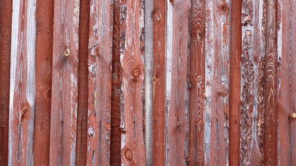 wooden background of textured planks with peeling paint of a red-brown hue, a fragment of a rustic old fence with a relief surface of boards layered on top of each other