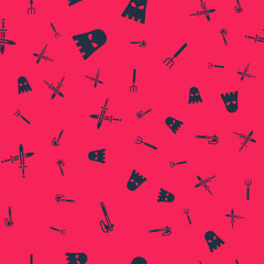 Set Medieval axe, Executioner mask, Crossed medieval sword and Garden pitchfork on seamless pattern. Vector.