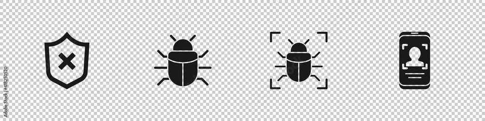 Poster set shield with cross mark, system bug, and mobile and face recognition icon. vector.