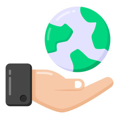 
Hand with globe denoting flat icon of global care 

