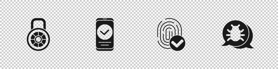 Set Safe combination lock, Smartphone, Fingerprint and System bug icon. Vector.