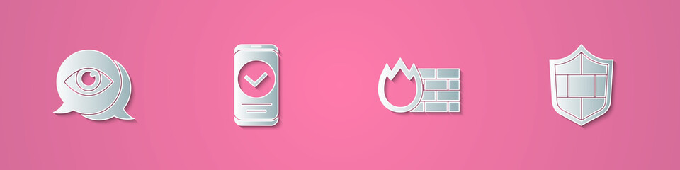 Set paper cut Eye scan, Smartphone, Firewall, security wall and Shield with brick icon. Paper art style. Vector.