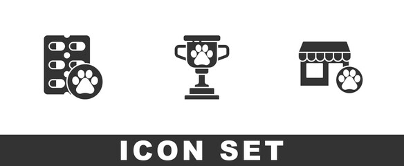 Set Dog pill, Pet award and Veterinary hospital icon. Vector.