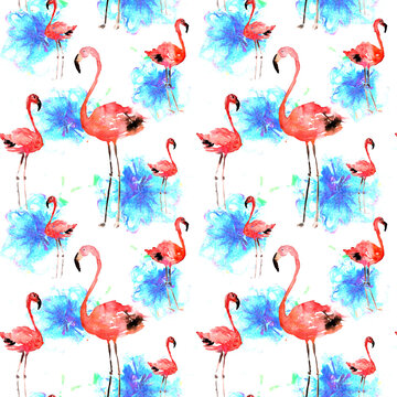 Watercolor Seamless Tropical Pattern. Hand Drawn Flower and Flamingo Background. Batic Monstera Illustration. Hawaiian Print for Wrapping.   Jungle Repeated Ornament with Flowers And Flamingo.