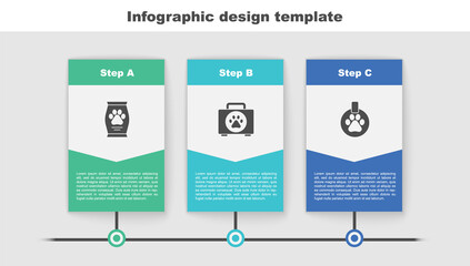 Set Bag of food, Pet first aid kit and Collar with name tag. Business infographic template. Vector.