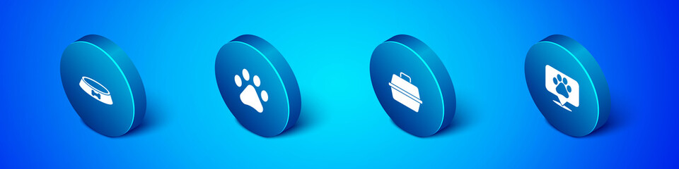Set Isometric Pet food bowl, carry case, Location veterinary and Paw print icon. Vector.