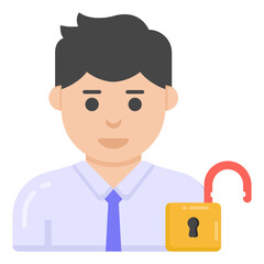 
Man with open lock denoting flat icon of unlock profile 

