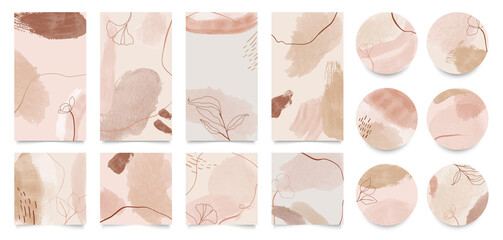 Fototapeta na wymiar Social story templates and highlights covers vector set. Social media background design with floral and hand drawn organic shapes textures. Abstract minimal trendy style wallpaper. 