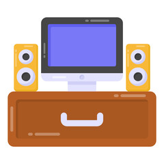 
Living room lcd rack with tv sound system, flat icon

