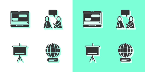 Set Worldwide, Chat messages on laptop, Chalkboard and Two sitting men talking icon. Vector.