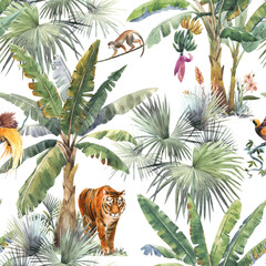 Beautiful seamless pattern with watercolor tropical palms and jungle animals tiger, giraffe, leopard. Stock illustration.