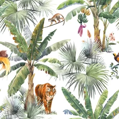  Mooi naadloos patroon met aquarel tropische palmen en jungle dieren tijger, giraf, luipaard. Voorraad illustratie. © zenina