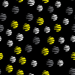 White, yellow and gray circles with textures on a black background. Seamless pattern. Vector design for fabric, packaging, paper.