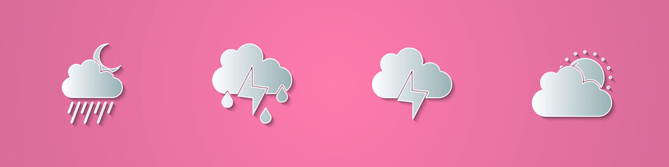 Set paper cut Cloud with rain and moon, lightning, Storm and Sun cloud weather icon. Paper art style. Vector.