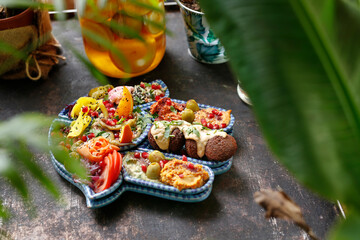 Fototapeta na wymiar Vegetarian cuisine, a colorful vegetable dish. Falafel with vegetables, a colorful vegetarian dish. A healthy vegan diet. Tasty colorful healthy dish served on a background of green plants. 