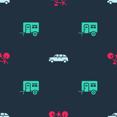 Fototapeta na wymiar Set Bicycle, Hatchback car and Rv Camping trailer on seamless pattern. Vector.