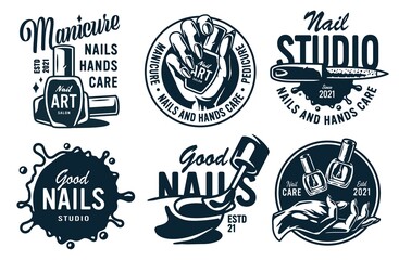 Fototapeta premium Set of manicure prints for nail bar and beauty salon. Emblem for fingernail studio or logo of nails and hands care service