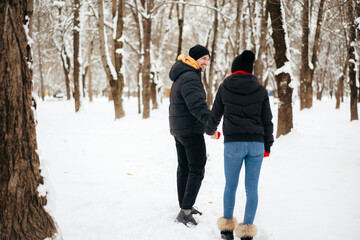 Young happy couple in love having a walk in a winter park