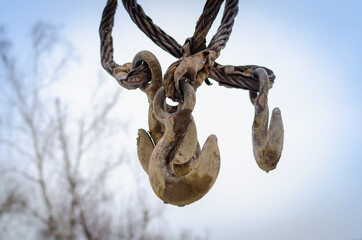 Hooks for cargo cranes at a construction site.