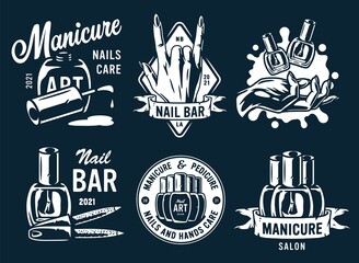 Fototapeta premium Set of manicure prints for nail bar and beauty salon. Emblem for fingernail studio or logo of nails and hands care service