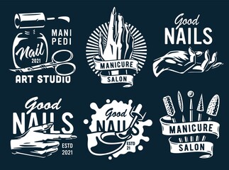 Fototapeta premium Set of manicure prints for nail bar and beauty salon. Emblem for fingernail studio or logo of nails and hands care service