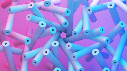 Scientific or technology abstractions with canes, sticks or rods flying in surreal symmetric structure. Abstract background with purple and blue neon tech structure. 3D illustration