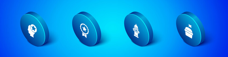 Set Isometric USA Head, Fire hydrant, Cake and Medal with star icon. Vector.